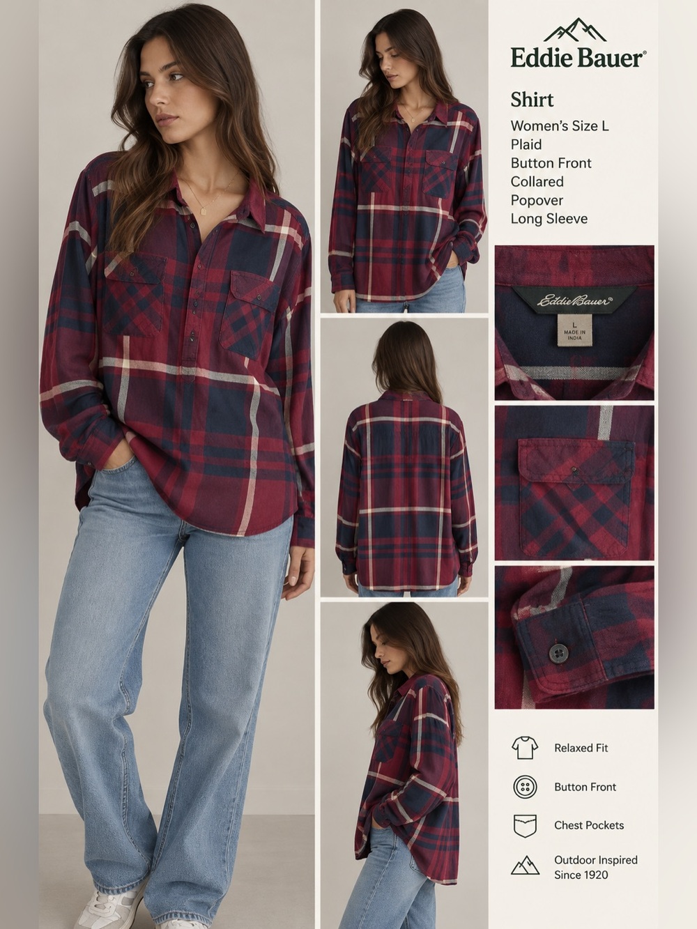 Eddie Bauer Shirt Womens Sz L Plaid Button Front Collared popover Long Sleeve
